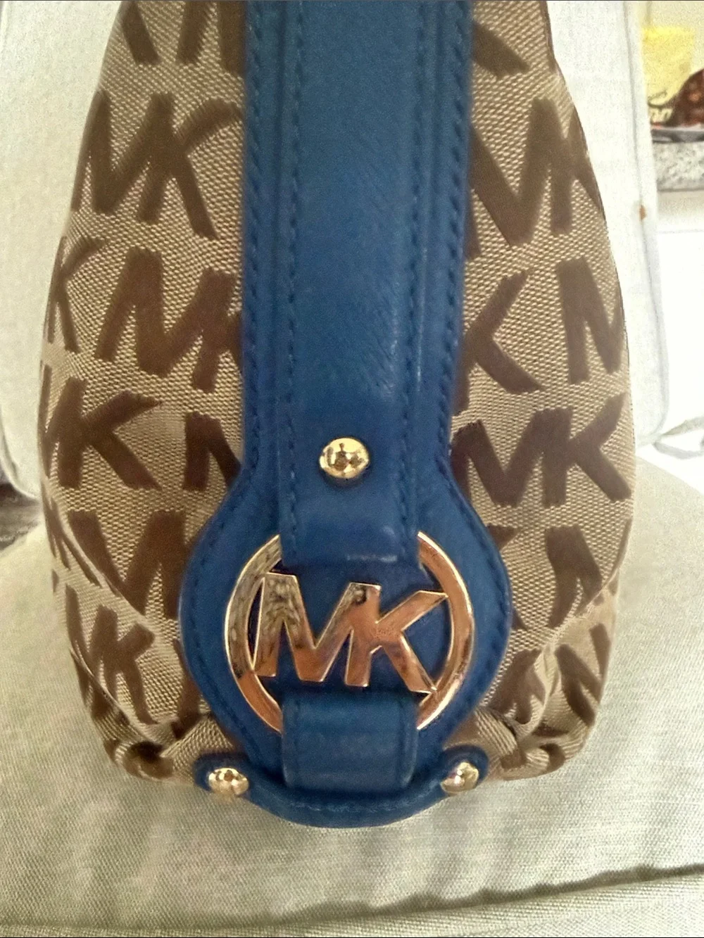 MK Signature Monogram Hobo Shoulder Bag + Zip Around Wallet Set Blue Leather